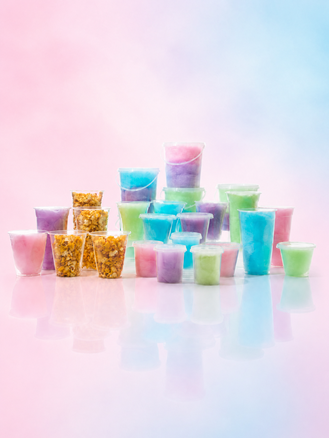 Candy House snack spread with cotton candy, popcorn, churros, slushie and ice cream