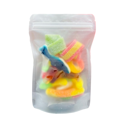 Resealable bag filled with colourful gummies