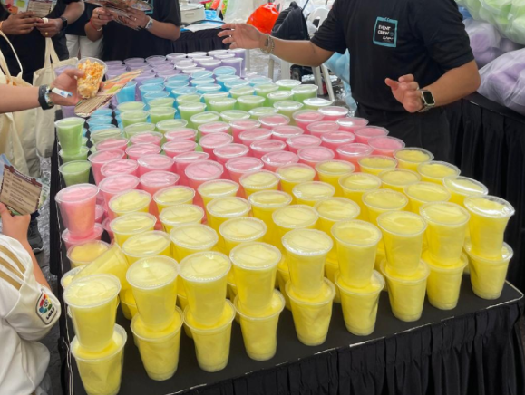 Rows of pre-packaged cotton candy for an event