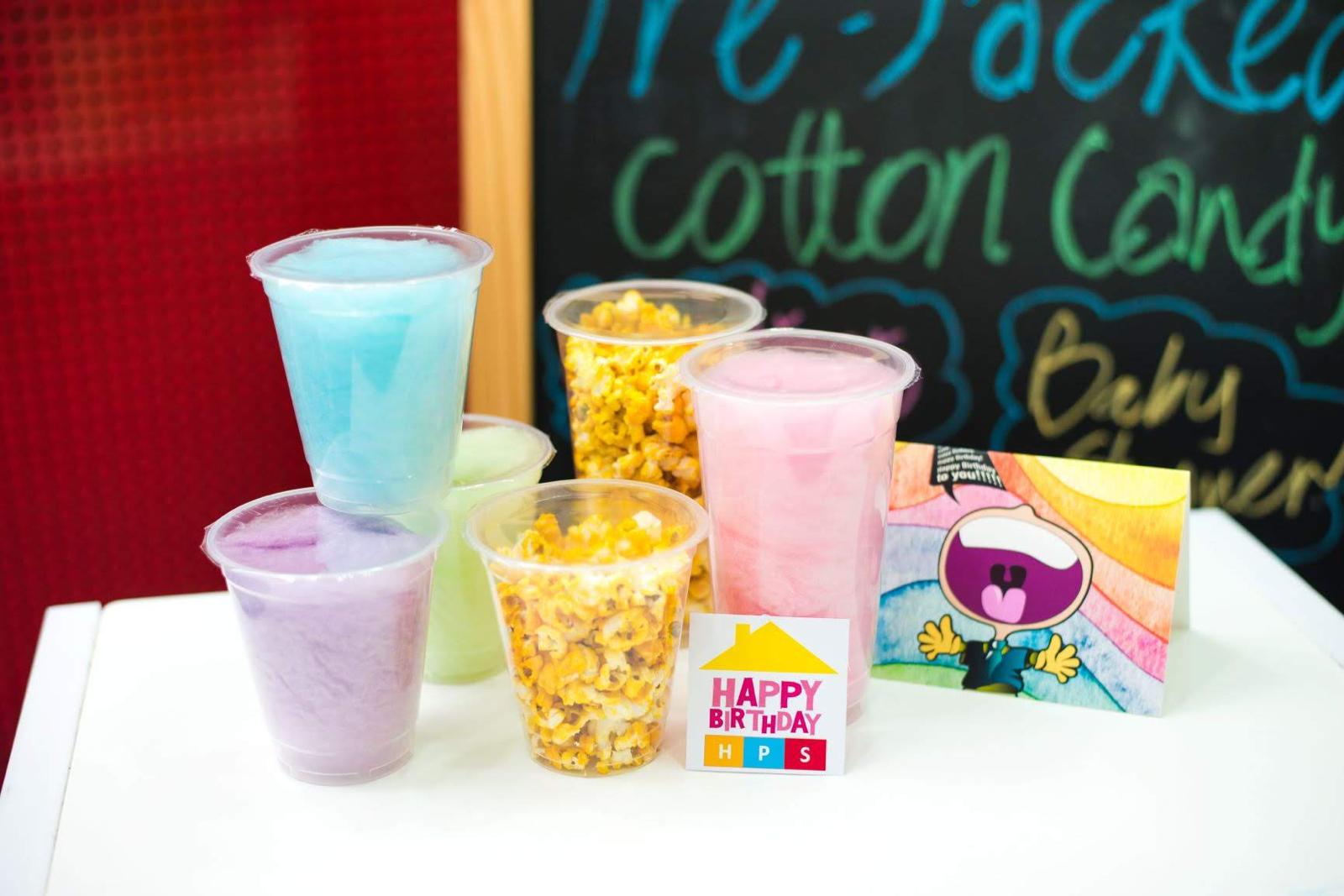 Pre-packaged popcorn and cotton candy cups